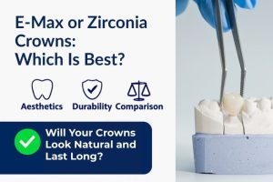 Dental crown placement illustration comparing E-Max and zirconia crowns in Turkey