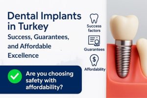 Dental Implants in Turkey: Success, Guarantees, and Affordable Excellence. Icons for success factors, guarantees, and affordability with a navy blue banner asking “Are you choosing safety with affordability?” alongside a close-up photo of a dental implant model and Istanbul skyline silhouette.