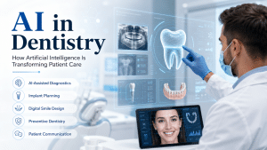 AI in dentistry showing a dentist using digital technology for diagnostics, implant planning, smile design, preventive care, and patient communication.