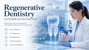Elegant visual of regenerative dentistry showing dental tissue repair, stem cell research, tissue engineering and bone and pulp regeneration.