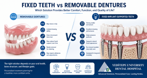 Comparison of fixed implant-supported teeth and removable dentures for comfort, chewing function, stability, hygiene and jawbone support.